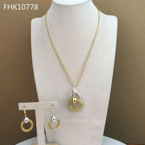 Yuminglai High Quality African Jewelry Simple Fashion Design Two Tones Pendant and Earrings Jewelry Set for Women FHK10778