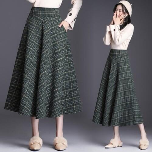 Green plaid skirt autumn winter womens mid-length high-waist pleated skirt woolen long skirt a-line umbrella skirt