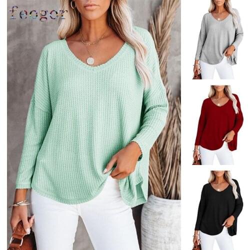 FEOGOR 2021 autumn new style V-neck long-sleeved casual loose waffle t-shirt loose top 2021 new product T-shirt Womens blouse