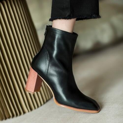 Mordoan Genuine Cow Leather Lady Boots Thick Heel Nice Autumn New Square Toe Thick Bottom Zipper Ankle Boots Women Ankle Boots