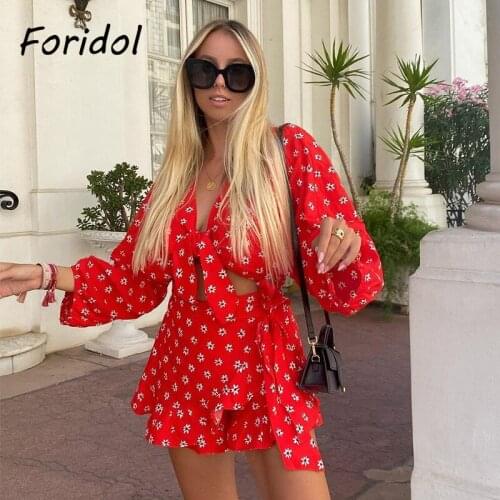 Foridol Floral Print Boho Summer Autumn Red Dress Suit Set Women Sleeve Two Pieces Ruffle Skort Sets Bowknot Matching Set 2021