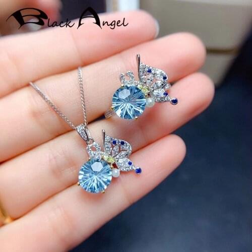 BLACK ANGEL New Design Butterfly Fairy Jewelry Set Lab-Created Blue Topaz Inlaid Fire Cut CZ Women Resizable Ring Necklace Gift