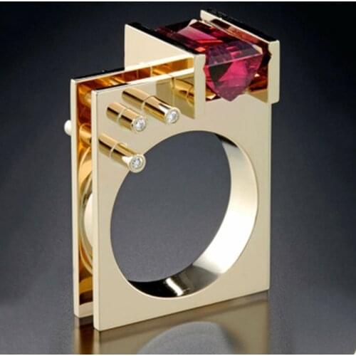 Gorgeous Female Big Red Zircon Stone Engagement Ring Cute Yellow Gold Geometric Jewelry Wedding Rings for Women Z5M345