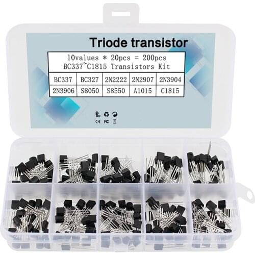 200pcs Transistor Assortment Kit 10Values*20pcs BC337 BC327 2N2222 2N2907 2N3904 2N3906 S8050 S8550 A1015 C1815 TO-92 set