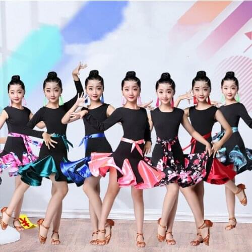 Kids Child Girls Latin Dance Dress Floral Latin Dance Clothes Sexy Salsa Costume Black Red Competition Ballroom Tango Dresses