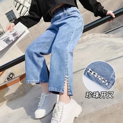 2021 New Jeans For Girl Pearls Kids Jeans Girls Spring Autumn Jeans For Children Casual Style Clothes For Girls 6 8 10 12 14 16