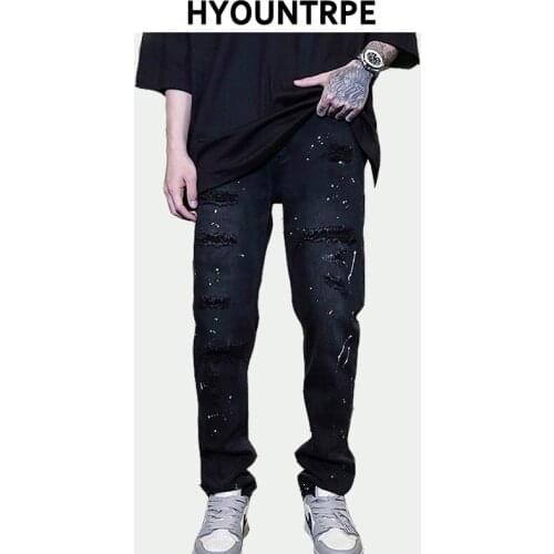 High Street Graffiti Printed Denim Jeans Pants Mens Casual Hip Hop Distressed Ripped Holes Jeans Slim Skinny Denim Pants Joggers