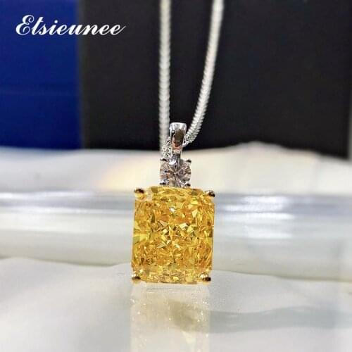ELSIEUNEE 100% 925 Sterling Silver Created Moissanite Citrine Gemstone Pendant Necklaces for Women Wedding Party Fine Jewelry