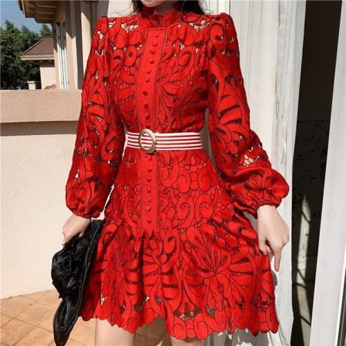 JSXDHK Runway Designer Spring Lace Party Dress 2021 New Women Lantern Sleeve Hollow Out Dress Fashion Holiday Belt Mini Dresses