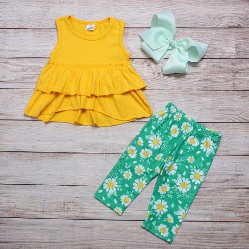 Beautiful Cotton Baby Girl Suit Yellow Sleeveless Top And Small Floral Print Green Trousers ChildrenS Boutique Clothes