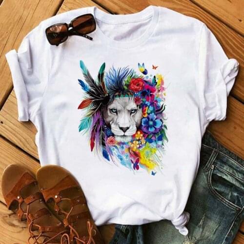 Maycaur Fashion Female Wolf Tiger Lion Feather White T-shirt Women Harajuku Graphic T-shirt Casual Animal Female Streetwear Tops