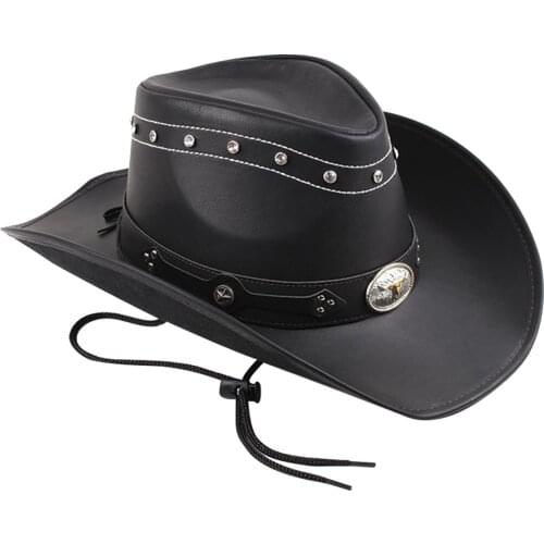 Men Party Anti UV Gift Sombrero Dad Pinch Front Diamond Cowboy Hat Wide Brim With Chin Cord PU Leather Vintage Soft Fashion