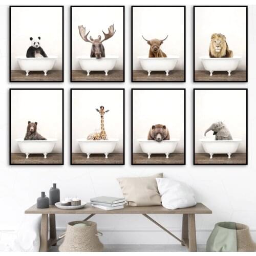 Llama Elephant Giraffe Bear Panda Lion Bathtub Wall Art Print Canvas Painting Nordic Poster Wall Pictures Kids Room Toilet Decor