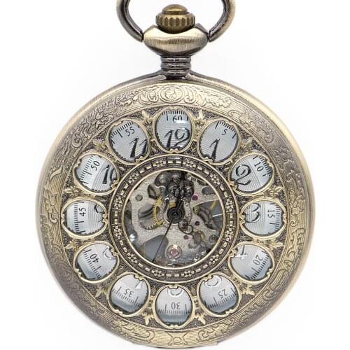 New Bronze Hollow Antique Flowers Skeleton Dial Mechanical Pocket Watches Men Carving Steampunk with Fob Chain with Box PJX1351