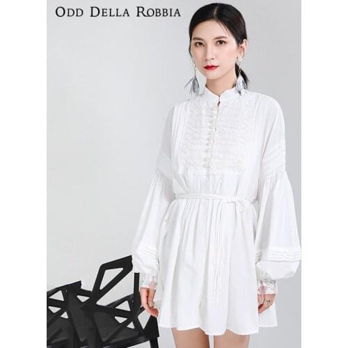 OddDellaRobbia Women Kawaii Vintage Party Style Solid Lace Pattern Holiday Midi Dress Lantern Long Sleeve Embroidery Dress 1508