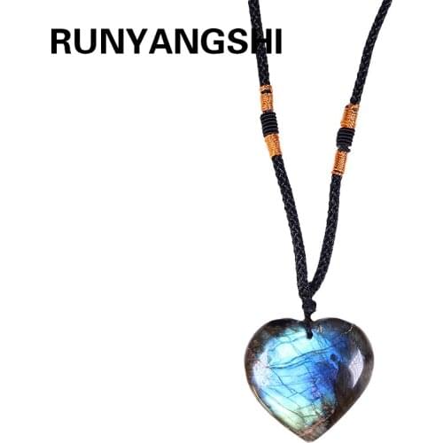 Natural Elongated stone Necklace Crystal heart-shaped labrador feldspar Pendant Original Stone Ore Specimen