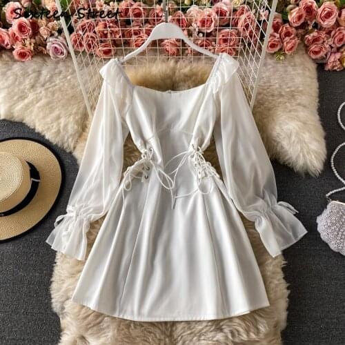 Maxi Dresses for Women Square Neck Chiffon Y2k Clothing Women Sexy Vintage Vestido De Mujer Long Sleeve Dress Female Bandage