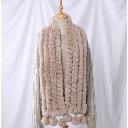 2020 New Luxury Womens Winter Fur Scarf Genuine Rex Rabbit Fur Knitted Scarves Wrap Fur Pom Poms Scarfs Fluffy Warm Soft