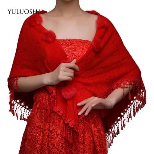 YULUOSHA Autumn Winter Warm Wool Shawl Triangle Scarf Bride Wedding Dress Shawl Fringed Faux Fur Cashmere Elegant Wedding Cape
