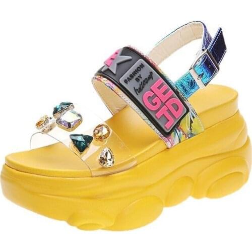 Chunky Sandals Female 2020 New Fashion Summer Crystal Women Shoes Buckle Strap Thick Bottom High Heels Flat Platform Shoes Woman