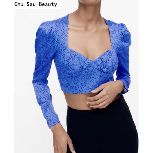2021 New Womens ZA Square Neck Long Sleeve Blue Polka Dot Short Top Early Autumn Sexy Fashion High Street Tight Tops