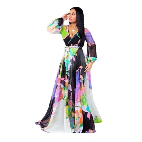 New spring summer chiffon long dress female sense digital printing plus size European American fashion big swing dresses women