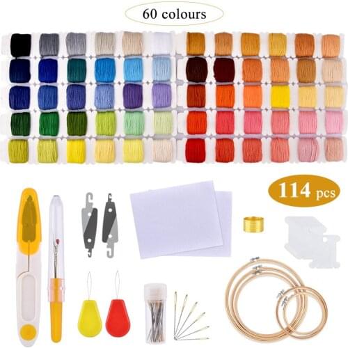 114pcs/set 60 Colors Cross Stitch Thread Bamboo Hoops Embroidery Kits Embroidery Cross Stitching Starter Sets