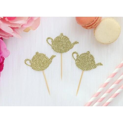 Glittery Tea Party Cupcake Toppers (Set of 12) - Teapot Cupcake Toppers, Tea Party Themed Baby Shower, Brid