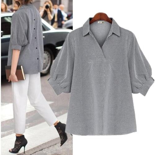 Trytree Summer Blouse Women Casual Turn-down Collar Back Single Breasted Puff Sleeve Plaid Office Lady Shirts Tops For Women