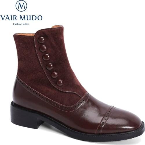 VAIR MUDO Ankle Boots Shoes Elegant Round Toe Fashion Genuine Leather Concise Spring Autumn Black Brown Hollow Shoes DX13L