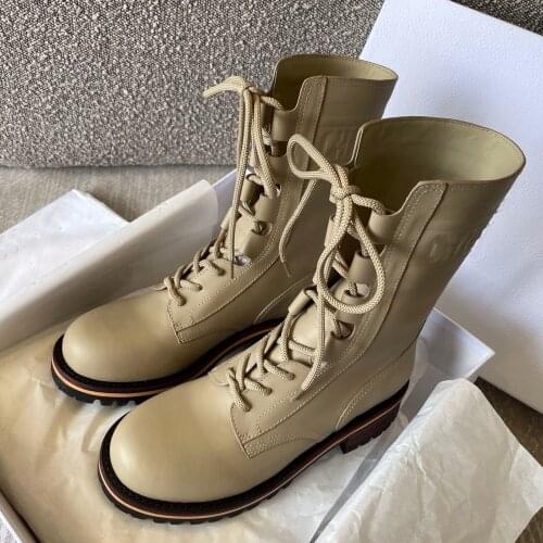 Khaki martin boots round toe mid-calf Boots five-pointed star sole design calf leather boot in beige leather with embossed