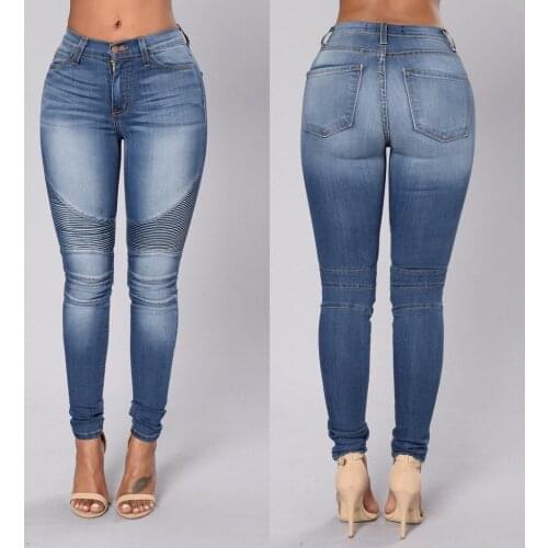Autumn and Winter Jeans Stretch Slim Pleated Pencil Pants Sexy Tight Nightclub Wear Woman Streetwear Trousers
