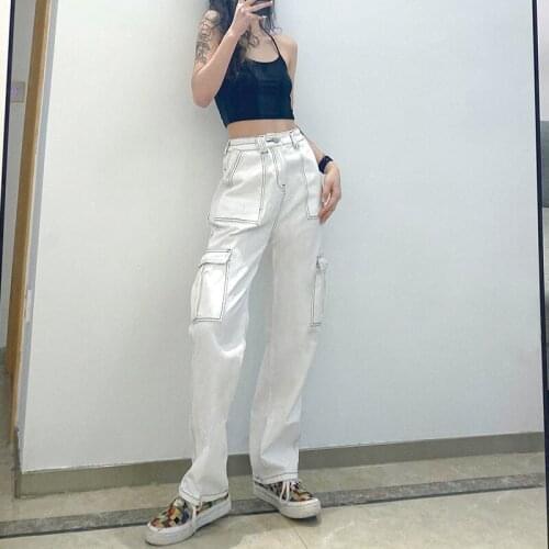 Black Pockets Wide Leg Women Jeans Striped High Waist Baggy Joggers Mom Denim Boyfriend Punk Streetwear Black Pants 90s Iamhotty