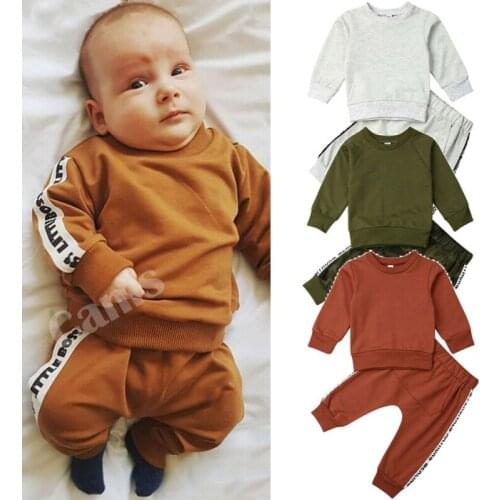 Toddler Baby Girl Boy Winter Autumn Warm Clothes Long Sleeve Pullover Side Letter T-shirt Tops+Long Pants Outfit Kids Tracksuit