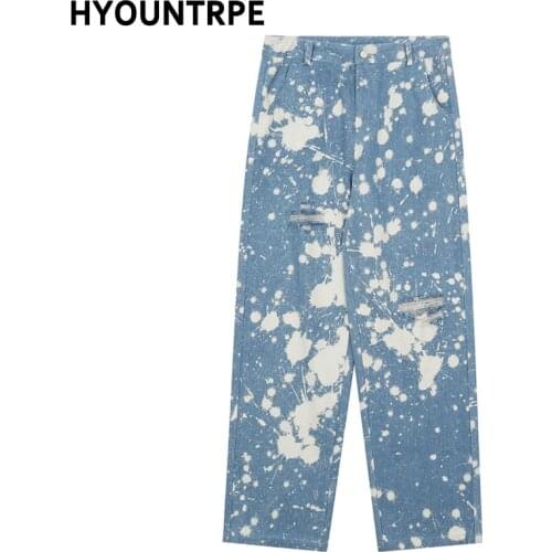 High Street Tie-dyed Denim Jeans Pants Casual Ripped Holes Straight Jeans Mens Fashion Streetwear Trousers Hip Hop Pants Joggers
