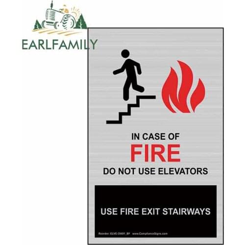 EARLFAMILY 13cm x 8.3cm for Silver In Case of Fire Do Not Use Elevators Car Stickers and Decals Waterproof Scratch-proof for JDM