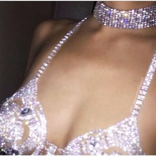 Luxury Rhinestone Sexy Body Chain Bra Harness Top Bikini Chest Chain for Women Bling Crystal Bra and Thong Set Body Jewelry