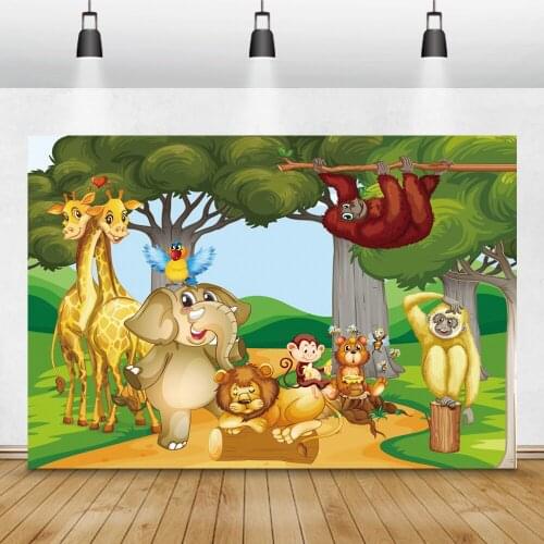 Laeacco Birthday Photography Backdrops Jungle Forest Trees Animals Safari Party Photo Backgrounds Baby Shower Newborn Photocall