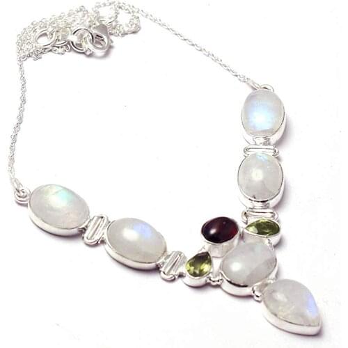Genuine Blue Fire Moonstone + Garnet + Peridot Necklace 925 Sterling Silver, 46 cm, MHBNE0205