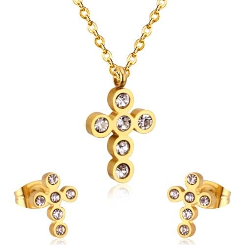 LUXUKISSKIDS Stainless Steel Crystal Dubai Wedding Bridal Jewelry Sets Cross Butterfly Necklace Earring Set Women/Men Jewelry