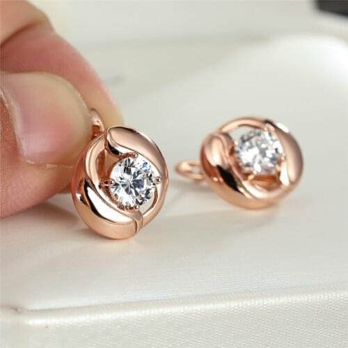 Trendy Female White Zircon Stone Earrings Charm Rose Gold Color Clip Earrings For Women Dainty Crystal Round Wedding Earrings