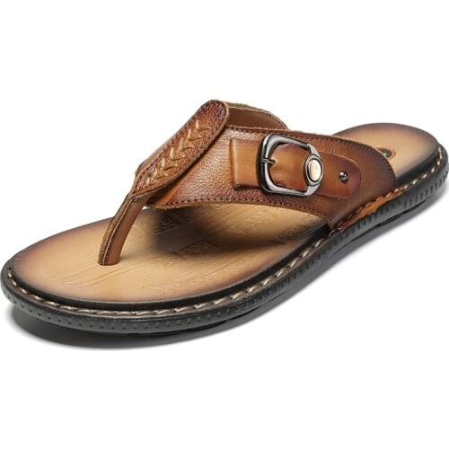New Genuine Leather Arrival Summer Men Flip Flops High Quality Beach Sandals Non-slip