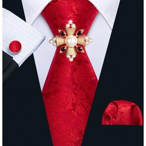 Mens Wedding Tie Red Floral Silk Tie Hanky Brooch Set Barry.Wang Jacquard Woven Fashion Designer 9cm Neck Tie For Men Party