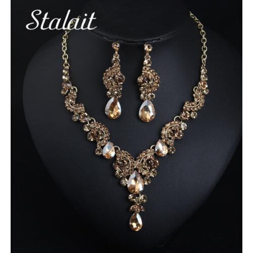 Vintage Water Drop Crystal Pendant Necklace Earrings Gold Color Choker Jewelry Set For Women Engagement Bridal Jewelry Set