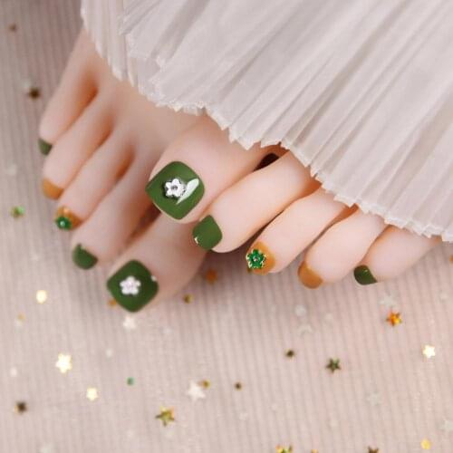 Full Toe Nail Sticker Green Color Flower Nail Full Wrap Decals Revealing White Disassembled Armor Nail Art Fake Nails Stickers