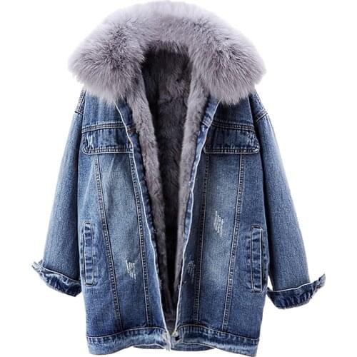 2021 Winter Vintage Parkas Women Natural Fur Collar Removable Rabbit Hair Liner Warm Denim Coat Female Loose Jeans Jacket H1001