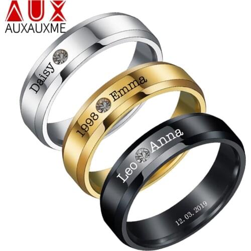Auxauxme 6mm Customized Crystal Couple Name Rings Engrave Date Names Stainless Steel for Women Lovers DIY Jewelry Wedding Rings