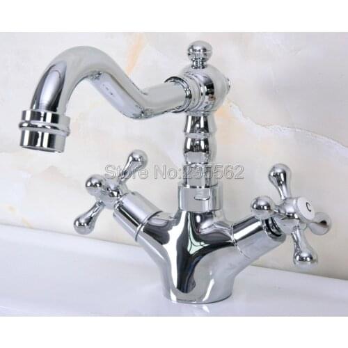 Polished Chrome Brass Swivel Bathroom Basin Faucet Dual Cross Handles Single Hole Sink Mixer Tap Lnf918
