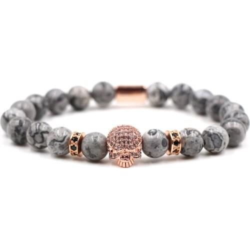 Popular Jewelry Bracelet Unisex Charm Rose Gold Personality Micro Inset Crown Skull Natural Picture Stone Beads Bangle Bracelet