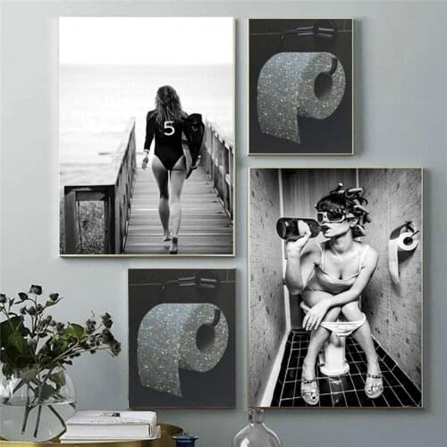 Sexy Woman Canvas Prints Bar Girl Drinking Modern Toilet Bathroom Picture Poster Fashion Black White Roll Paper Painting Decor